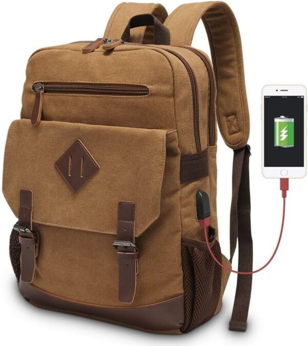 Canvas Backpack for Men Women, Vintage Rucksack Fits Most 15.6 Inch Laptop, Bookbag with  Charging Port, Brown