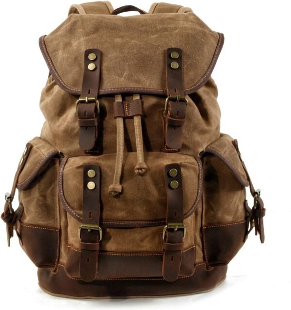 Men Travel Backpack, Genuine Leather-Waxed Canvas Shoulder Hiking Rucksack