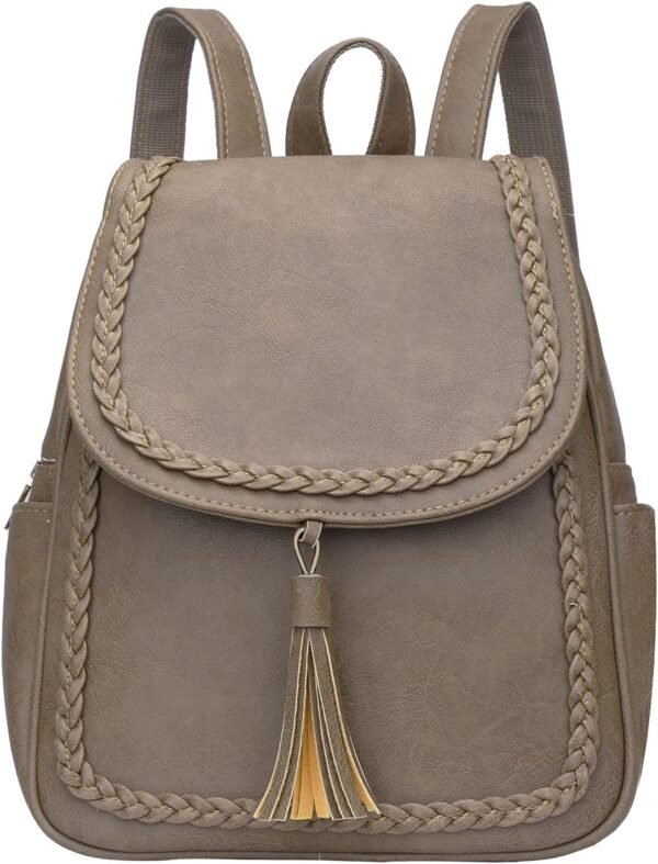 Fashion Small Synthetic Leather Backpack Purse For Women and Ladies with Tassel (Khaki)