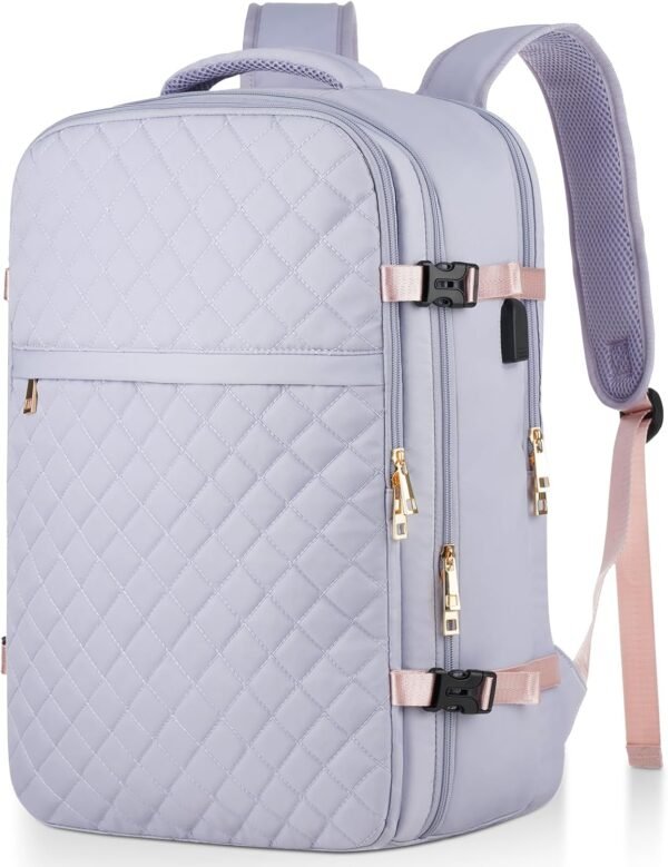 Large Travel Backpack Women, Flight Approved Carry On Backpack, Water Resistant Anti-Theft Large Casual Daypack Fit 17 Inch Laptop with USB Charging Port, Light Purple