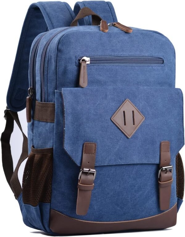 Canvas Vintage Laptop Backpack for Women Men，College Bookbag Fits 15.6 Inch Laptop (Blue)