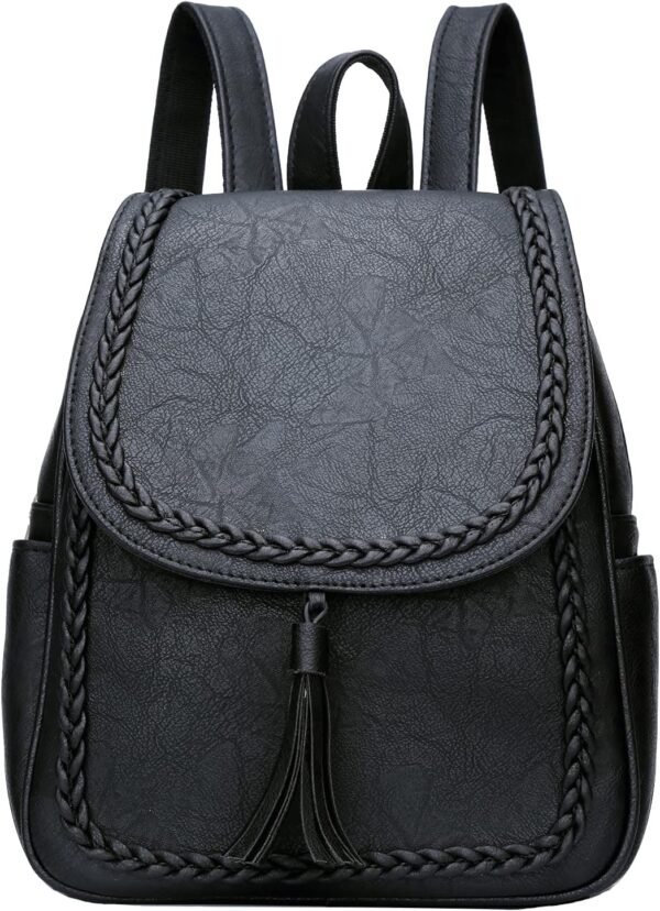 Fashion Small Synthetic Leather Backpack Purse For Women and Ladies with Tassel (Black)