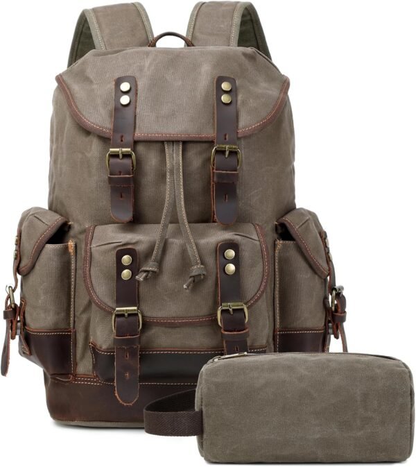 Vintage Leather Canvas Backpack, Waxed Canvas Shoulder Rucksack for Travel Laptop Bag for Business Travel Backpack With Toiletry Bag(Army Green)